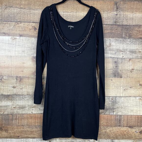 Express Long Sleeve Sweater Dress Attached Beaded Necklace Black Size Small - Picture 2 of 9